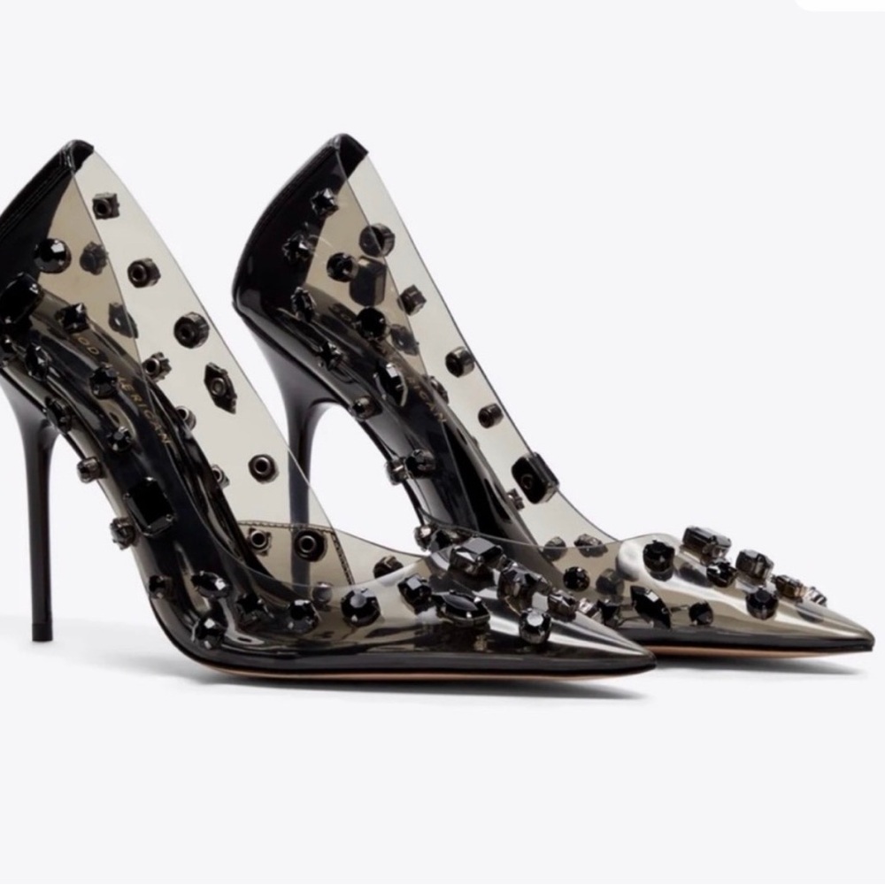 Good American Jeweled Emma Black Embellished Pointed PVC Pumps